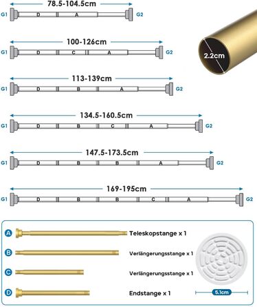 Телескопічна штанга для карнизів та душової кабіни без свердління, 79-195 см (Золотий)