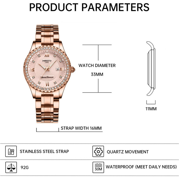 Жіночий годинник NIBOSI на зап'ястя з кварцовим механізмом, рожеве золото, діамантове циферблат, водонепроникний, стильний аксесуар для дівчат, 2357