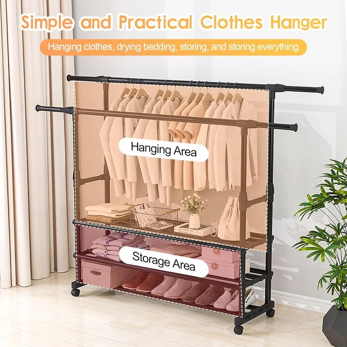 MONKLE - Clothes Rack, Garment Rack, Rolling Garment Rack, Stable Clothes Rack with 3 Storage Shelves, Extendable Double Clothes Rail