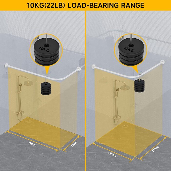 Штанга для душу L-подібна, регульована, 75-170 см, нержавіюча сталь, чорна, з кільцями для душу, для ванної кімнати, ванни, роздягальні (L-подібна_біла, 122x190 см)