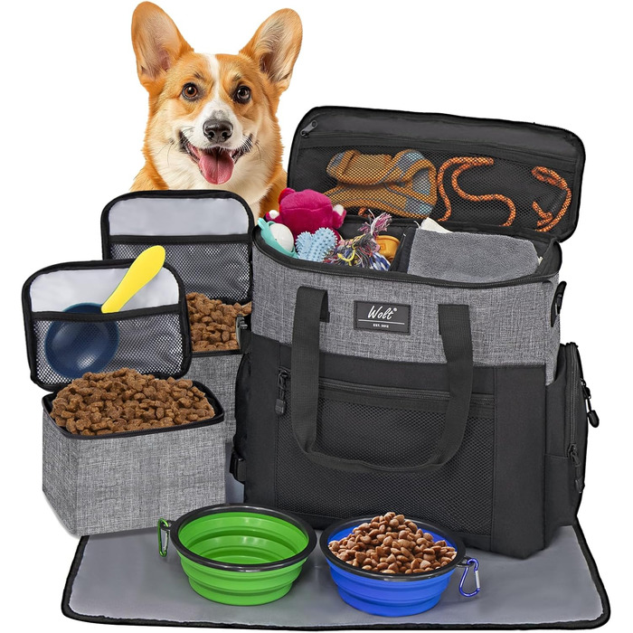 Сумка для собак Wolt: переносна сумка для подорожей з набором мисок та контейнерами, сірого кольору
