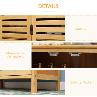Kleankin Bathroom Cabinet, Vanity Storage Cabinet, Sideboard with 2 Slatted Doors, 2 Interior Shelves, Bamboo Storage Cabinet for Bathroom, Living Room 68 x 32 x 86 cm Natural | Aosom