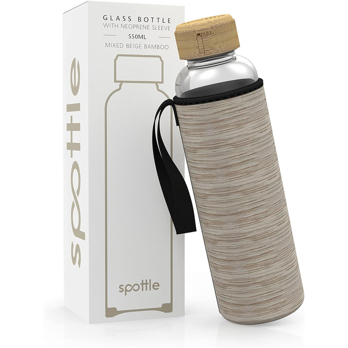 spottle Glass Water Bottle 1L - Glass Bottle 500ml - 750ml - 1 liter with Neoprene Sleeve/Protective Cover - Glass Drinking Bottle with Screw Cap - Glass Water Bottle for Carbonated Drinks 750ml Beige Melange / Bamboo
