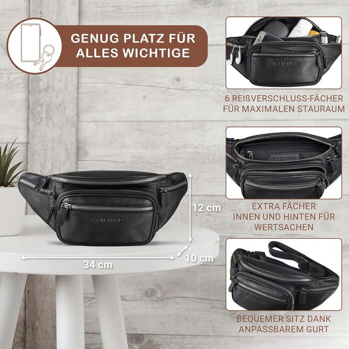 STILORD Велика шкіряна сумка на пояс Cognac - Вантажна сумка на ремінь для чоловіків, жінок та дітей - Ретро поясна сумка для бігу, фестивалів, подорожей Caspar Schwarz