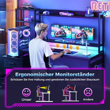 Ігровий стіл Coleshome з полицею та шухлядами, 137x48 см. Стіл для геймінгу з LED-підсвічуванням та розеткою, комп'ютерний стіл з полицями та підставкою для монітора, карбонове волокно, чорний колір