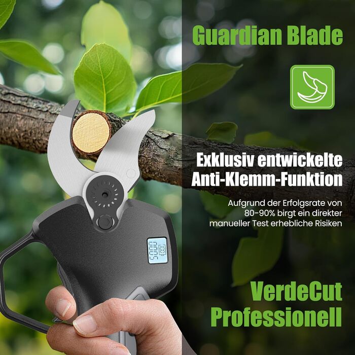 Електричний секатор VerdeCut 40 мм, 21V, акумулятор 4000mAh, безщітковий двигун, LCD дисплей, для обрізки гілок у саду та фруктових садах