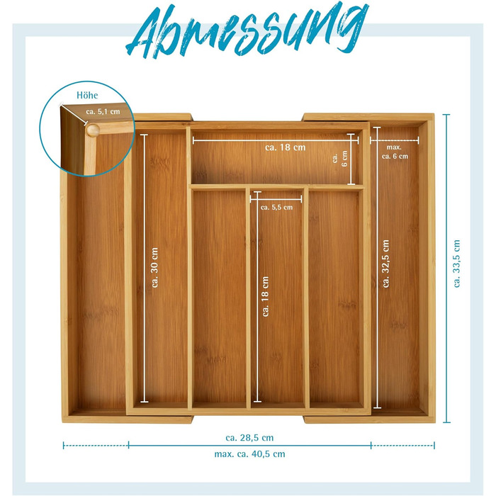 Органайзер для столових приборів Gräwe з бамбука для кухонних шухляд, змінний, розсувний 28.5-40.5 см, дерев'яний вигляд