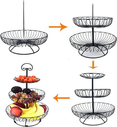 Металевий кошик для фруктів та овочів з ручкою для кухні/балкону, 3 яруси, великий, з нержавіючої сталі, з 360° циркуляцією повітря (чорний, 45 см висота, Ø30-24-16.5 см)
