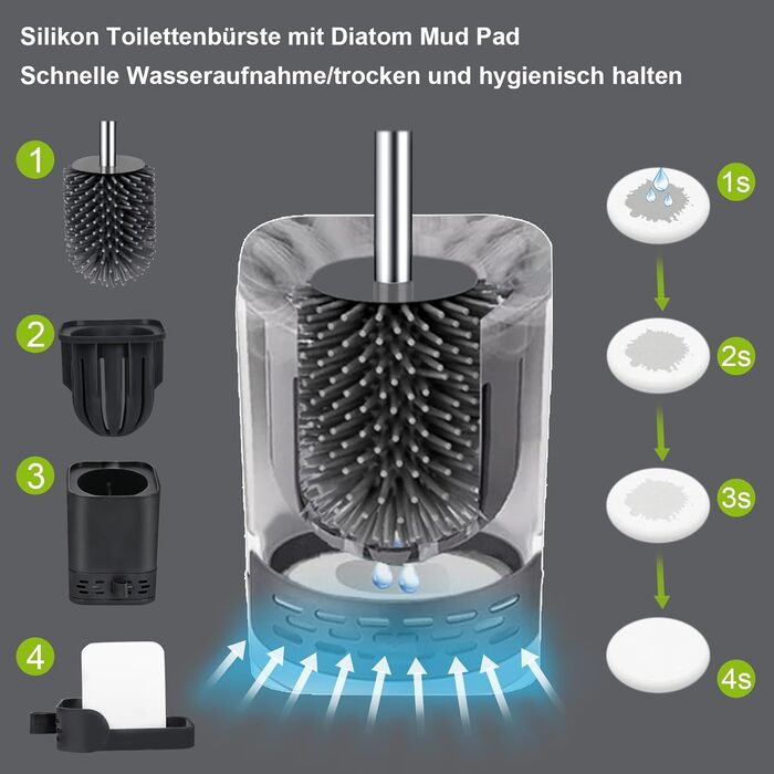 Силіконова щітка для унітазу Glowbal з контейнером, швидковисихаюча, для ванної кімнати, настінний монтаж/стоячий дизайн, білий/сірий (чорний/сірий)