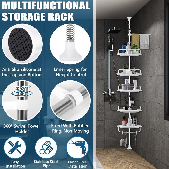 Телескопічна поличка для душу, регульована висота 100-310 см, 5 полиць з 4 гачками та тримачем для рушників, кутова поличка для ванної кімнати без свердління