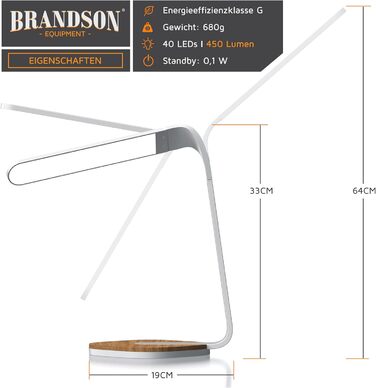 LED лампа настільна Brandson з деревом, регульована яскравість, 5 рівнів, 3 температури світла, для очей, 450 люмен, сенсорне управління, для офісу, читання, навчання, біла