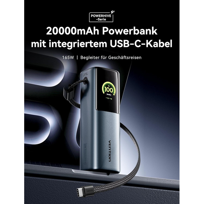 Power Bank VENTION 20000mAh 165W з дисплеєм та Emoji, інтегрований кабель USB-C, 2×100W USB-C + USB-A. Сумісний з MacBook Pro, iPad, Dell/HP, iPhone, Galaxy