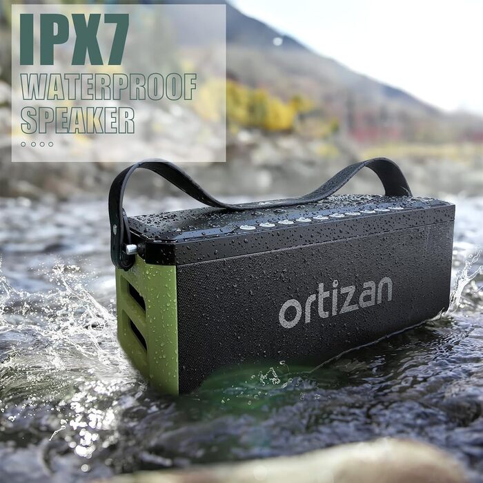 Ortizan Bluetooth колонка портативна 80 Вт, IPX7 водонепроникна, LED підсвітка, 12 год. роботи, Powerbank, стерео-з'єднання, зелено-чорна