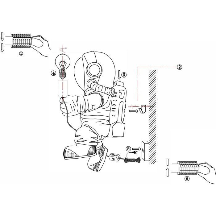 FREEUP Wall Lamp for Children's Room with Plug, Astronaut Lamp for Children's Room Wall Lamp with Switch and 1.5M Cable, E27 Socket, Max.40W (Without Bulbs), Fun Gifts for Kids Boys Girls
