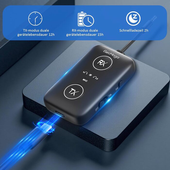 Bluetooth 5.4 адаптер ElecMoga 2-в-1: передавач та приймач, підтримка 2 пристроїв, для авто, телевізора, навушників