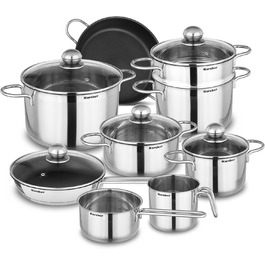 Karcher 14-Piece Stainless Steel Cookware Set with Glass Lids - Induction Compatible