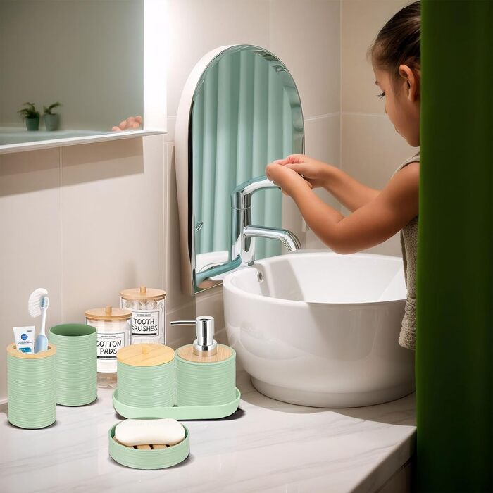 Набір для ванної кімнати IMAVO, 26 предметів: аксесуари для ванної, душова завіса, килимки, сміттєвий бак, піднос, дозатор мила, мильниця, тримач для зубних щіток, стакан для зубних щіток (зелений)