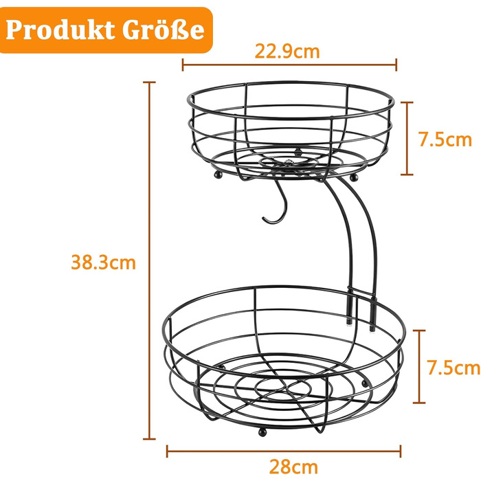 Металева фруктова корзина Bomclap з підставкою для бананів - 2 яруси, чорна