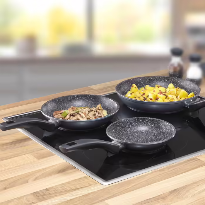 STONELINE 3-piece Frying Pan Set, 16/20/24 cm, Non-stick coated pan with real stone particles, pan suitable for induction and oven use, gray, for oil and fat-free frying