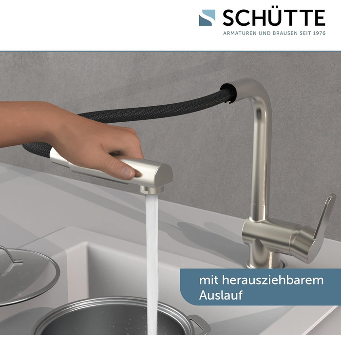 Кухонний змішувач SCHÜTTE LONDON з висувною лійкою, поворотний на 360°, з однорідним змішувачем, нержавіюча сталь, 29,8 см, високий тиск