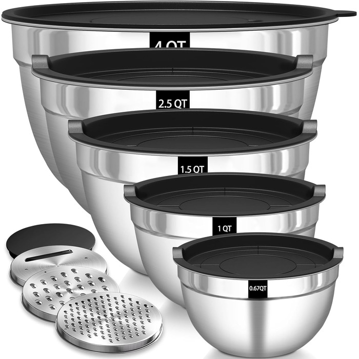 Terlulu Mixing Bowl Set of 5, Stainless Steel Bowl Salad Bowl Set with Airtight Lid, 3 Grater Attachments, 4.5L, 2.7L, 1.6L, 1.1L, 0.7L, Nesting & Dishwasher Safe