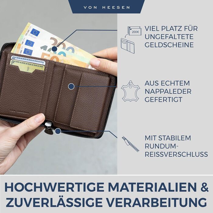 Гаманець VON HEESEN з натуральної шкіри з RFID-захистом, коричневий, для чоловіків і жінок, з монетницею