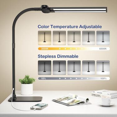 LED лампа настільна Kary з регулюванням яскравості, 24W, подвійний напівкруг, для офісу, роботи, читання, з пультом та USB-портом, чорна
