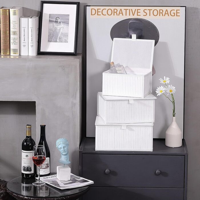 Honeycomb Storage Basket with Lid, Woven - Bamboo Decor Storage Boxes, Set of 3 Rattan Basket with Lid Woven Fabric Insert for Bathroom Kitchen Shelf Organization (Large/Medium/Small) (White)