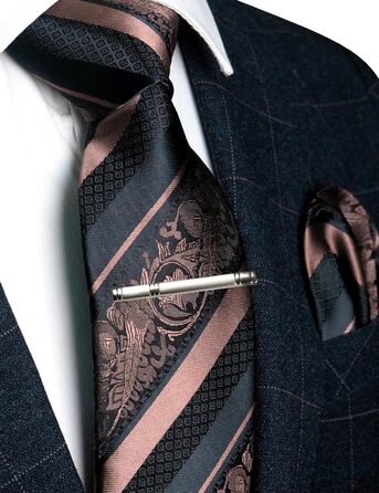 Набір краваток чоловічих JEMYGINS з поєднанням рожевих та смугастих візерунків, включає краваттяну затискач та кишеньковий хустинка (світло-рожеве золото)