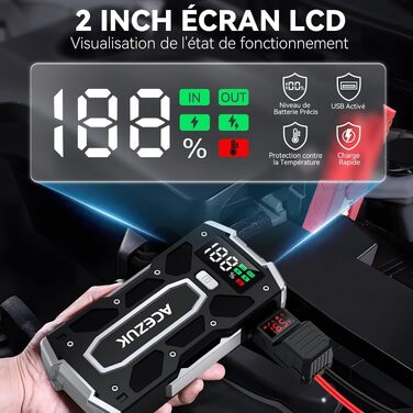 Бустер для автомобіля ACEZUK 6000A — Пусковий пристрій (Powerbank) 12V для бензинових (до 7.0L) та дизельних (до 5.5L) двигунів, з LED-ліхтарем та цифровим дисплеєм для авто, SUV, мотоциклів