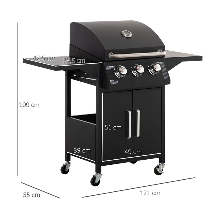 Газовий гриль Outsunny BBQ з 3 пальниками, 3 кВт, мобільний гриль-візок на колесах, сітчаста решітка для гриля, бічні столики, редуктор, шланги, 121 x 55 x 109 см | Aosom