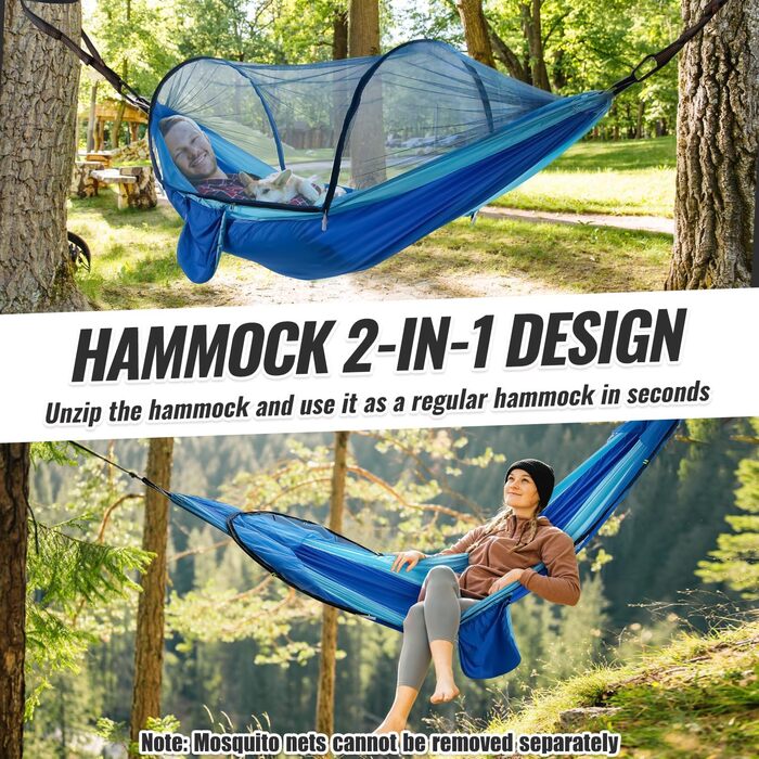 Легка туристична гамак з москітною сіткою, 300 кг | Гамак для кемпінгу, подорожей, пікніків, дихаючий, швидковисихаючий | Гамак з парашутного нейлону, портативний, для рюкзаків, піших прогулянок, саду (синій, 270x140 см)