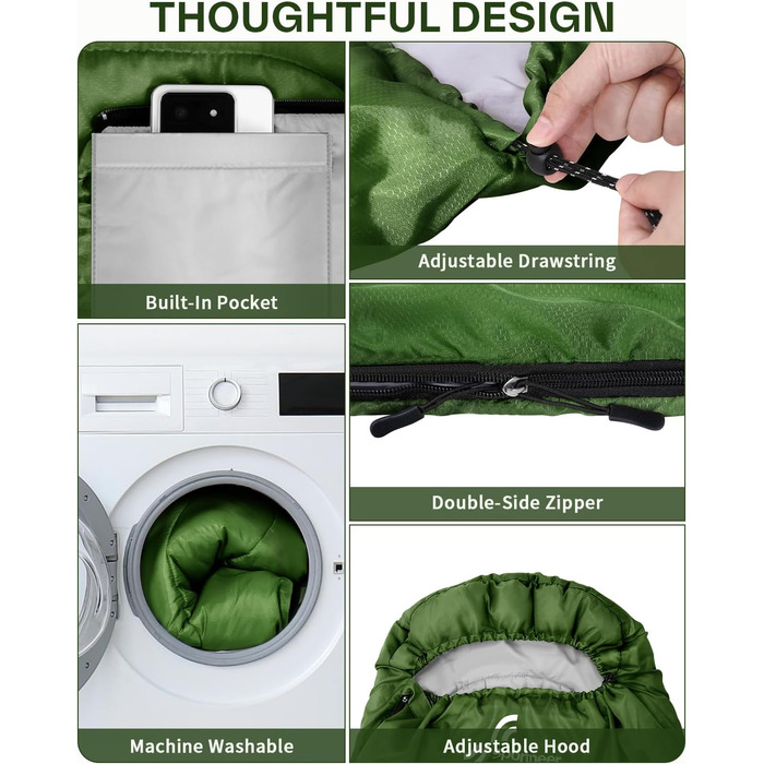 Сплячий мішок Sportneer Outdoor - ковдровий спальний мішок 3-4 сезони для дорослих, теплий спальник для кемпінгу, подорожей та активного відпочинку (200x85 см, зелений)