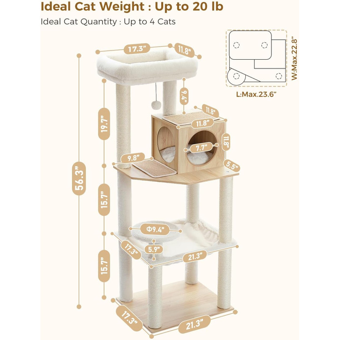 Дерев'яний кігтеточка для котів Petpela Katzenbaum 143см з гамаком та лежаком, обтягнутий сизалевим мотузком, бежевий