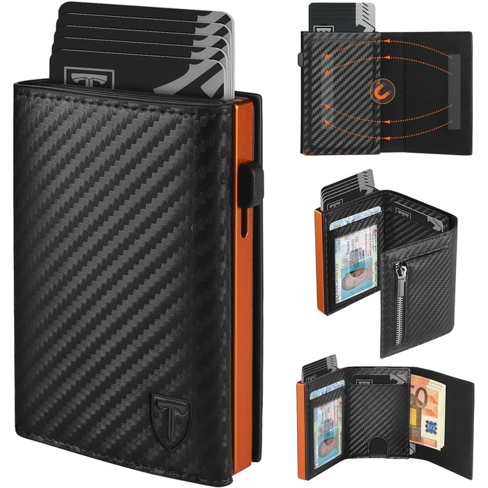 Чоловічий гаманець з RFID-захистом – портмоне з карбонової шкіри, 8 відділень для карток, віконце для ID, монетниця, кишеня для грошей, з подарунковою коробкою, чорно-помаранчевий