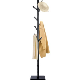 Yawinhe Coat Rack, Tree-Shaped Clothes Rack with Anti-Slip Pad, Solid Wood Clothes Stand, 180cm Height, with 8 Hooks and 3 Adjustable Heights, for Entrances, Black, 1 Pack