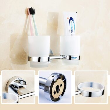 Double-Walled Glass Holder Toothbrush Holder Stainless Steel Double Wall Holder with 2 Glass Cups