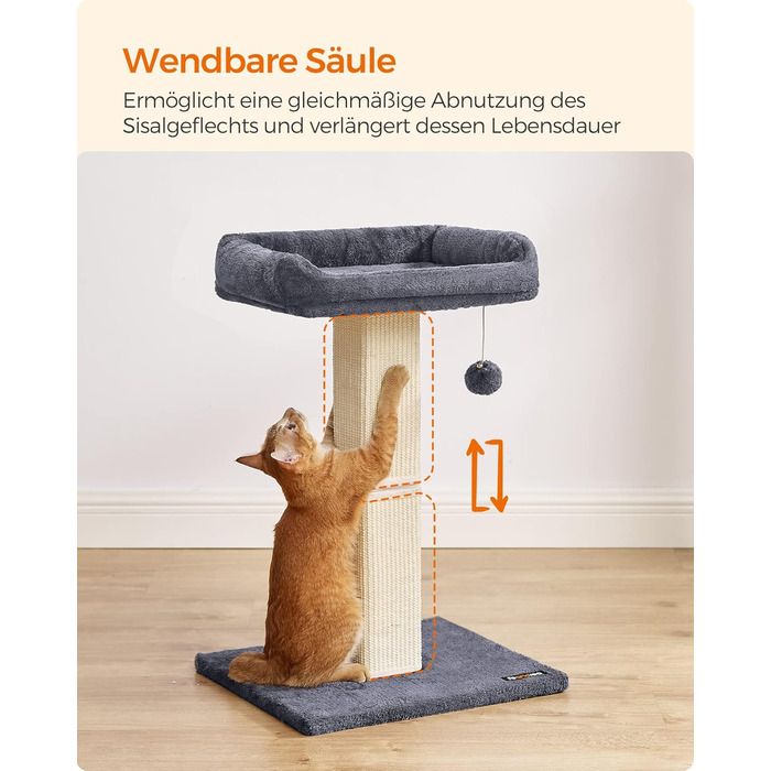 Feandrea Cat Tree, Cat Tower with 40 x 30 cm Plush Platform, Scratch Post, Cat Scratching Post, 71 cm High, Sisal-Wrapped Scratching Post, 45 x 40 cm Base, with Plush Ball, PCA022W01 (Dark Grey)