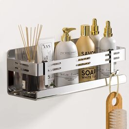Melairy Shower Shelf No Drilling Bathroom Storage & Organization Shower Basket, Stainless Steel Bathroom Shelves with Two Hooks for Bathrooms and Kitchens