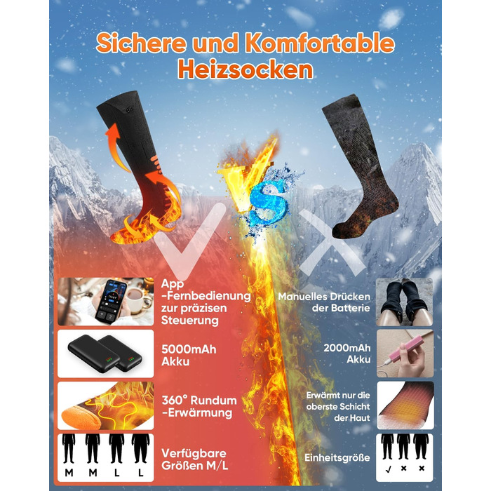 Гріючі шкарпетки з керуванням через додаток, 5000mAh, 5V, 3 режими нагріву, 360° нагрів, для жінок та чоловіків, для катання на лижах та полювання, середнього розміру