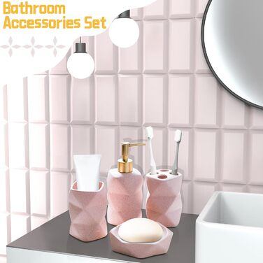 Bathroom Accessories Set, including soap dispenser, toothbrush holder, cup, soap dish, modern, elegant, bathroom organizer, ceramic bathroom decor set (Pink)