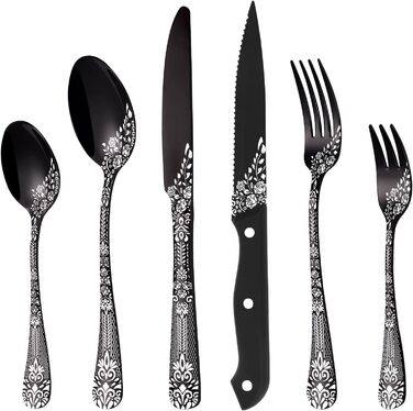 Black Cutlery Set for 6 People, HONKKU 36-Piece Stainless Steel Cutlery Set with Steak Knives, Eating Utensil Set Mirror Polished with Floral Patterns, Fork Spoon Knife Set Dishwasher Safe