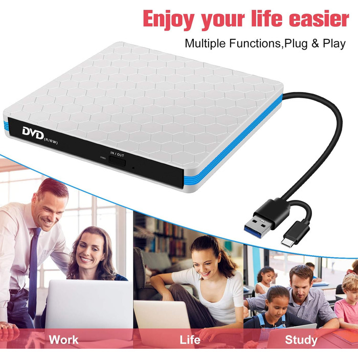 Зовнішній CD/DVD привід USB 3.0 та Type-C з картридером SD/TF, портативний RW-записувач для ноутбука, ПК, MacBook (Windows, macOS, Linux) — Білий