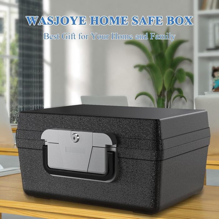 WASJOYE Portable Fireproof Safe Box with Key Lock - Home, Office, Car, Travel Security Box (6.8L, 16.8 x 32.4 x 39 cm)
