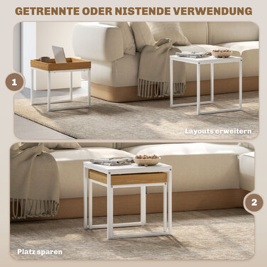HOMCOM 2-Piece Couch Table Set, Square Side Table, Coffee Table with Steel Frame, Sofa Table in Modern Design, for Living Room, Holds up to 30 kg, White+Oak | Aosom