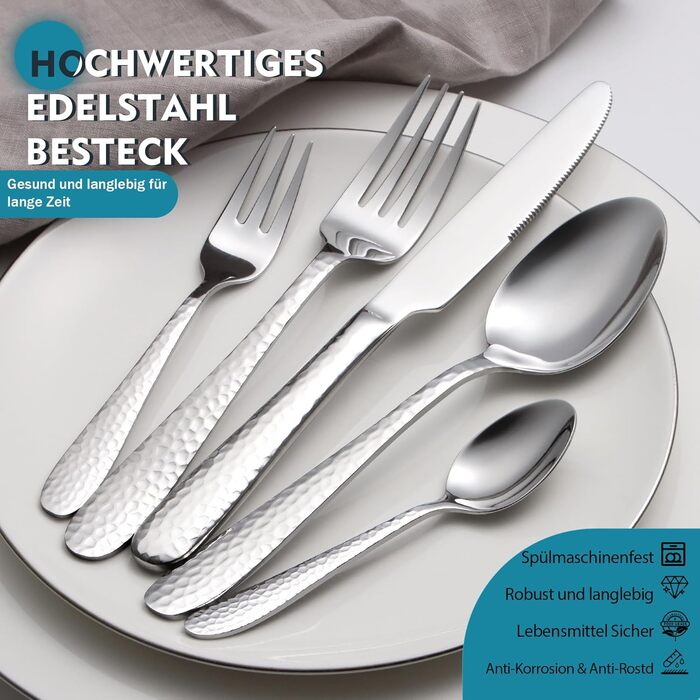 Набір столових приборів EIUBUIE з нержавіючої сталі 20 предметів, молоткова обробка, для 6 осіб, полірований, для дому та вечірок, можна мити в посудомийній машині