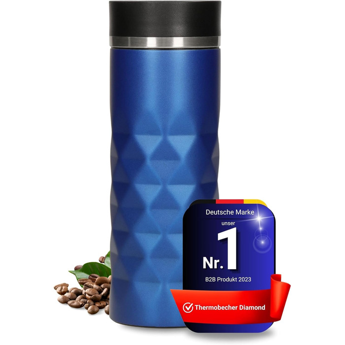 Термокружка Diamond з нержавіючої сталі 450 мл, з кнопкою, витримує гарячі та холодні напої, без BPA, вишуканий блиск (Ультрамарин)