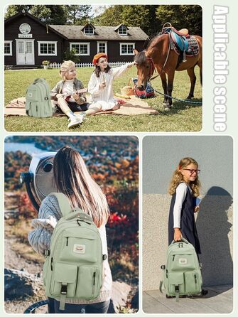 Шкільний рюкзак FIORETTO для підлітків та жінок. Водостійкий, легкий, з відділенням для ноутбука 14 дюймів. Зелений колір.