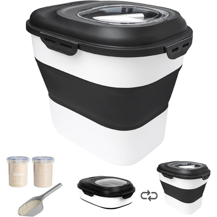 Контейнер для зберігання рису, складний, з колесами, герметичний, з мірним стаканчиком та лопаткою, для рису, кормів, борошна, темно-зелений/9-13,6 кг (чорний/9-22,7 кг)