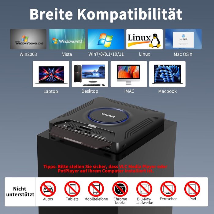 Зовнішній CD/DVD привід UNITEK USB-C, портативний DVD-плеєр з картридером SD, USB 3.0 Hub та CD-ROM записником для ноутбуків, ПК, Windows, Linux, macOS (чорний)